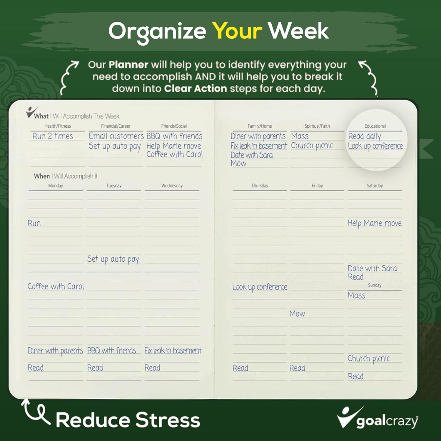 Undated Daily Planner to Achieve Your Goals - 90 Day Guided Journal & Productivity Organizer with Goal Setting, Habit Tracker, To Do List, Academic & Work Calendar, Leather Hardcover - Forest Green