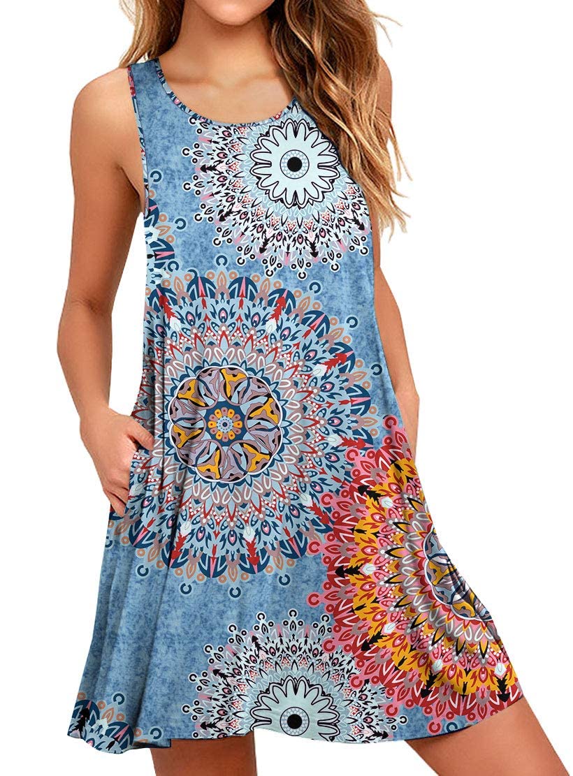 Size L PrinStory Womens Swimwear Cover Up Summer Beach Dresses Casual Loose Sleeveless Tank Dress with Pockets