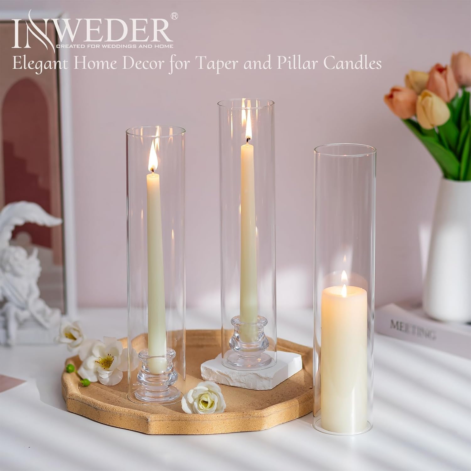 Glass Hurricane Candle Holder: 12" Tall Candlestick Holder Bulk with Cylinder Windproof Cover Set of 10 Clear Taper Candle Holders for Wedding Party Birthday Christmas Decor - Image 5