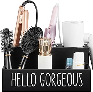 Bivvclaz Hair Tool Organizer, Wooden Hair Dryer Holder Countertop, Wall Mount Hot Tools Organizer for Hair Styling Accessories, Bathroom Supplies Vanity Caddy for Curling Wand, Blow Dryer, Black