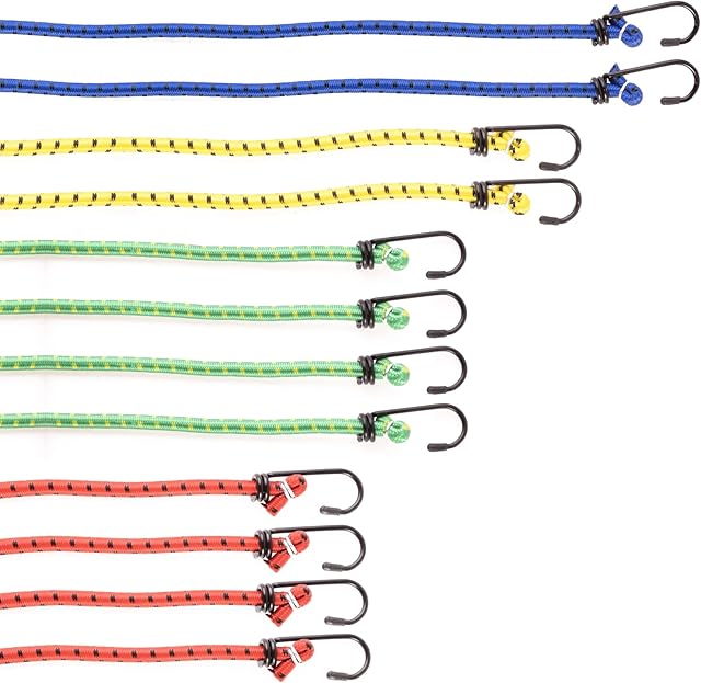 Pretex Heavy Duty Bungee Cords with Hooks - Set of 12 - Multi-coloured Bungees for Camping and Outdoor Activities - Luggage Straps with 4 Different Lengths