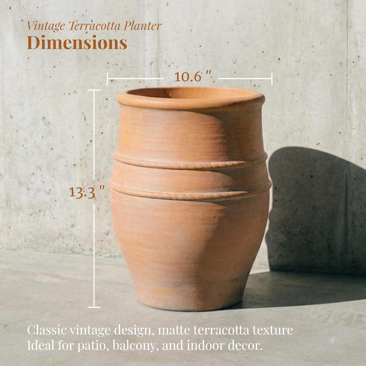KOL Round Planter, Terracotta-Style Pot for Outdoor Plants, 13.3”H Classic Vintage Design – Lightweight & Weatherproof Flower Pot for Garden, Patio, Balcony Decor