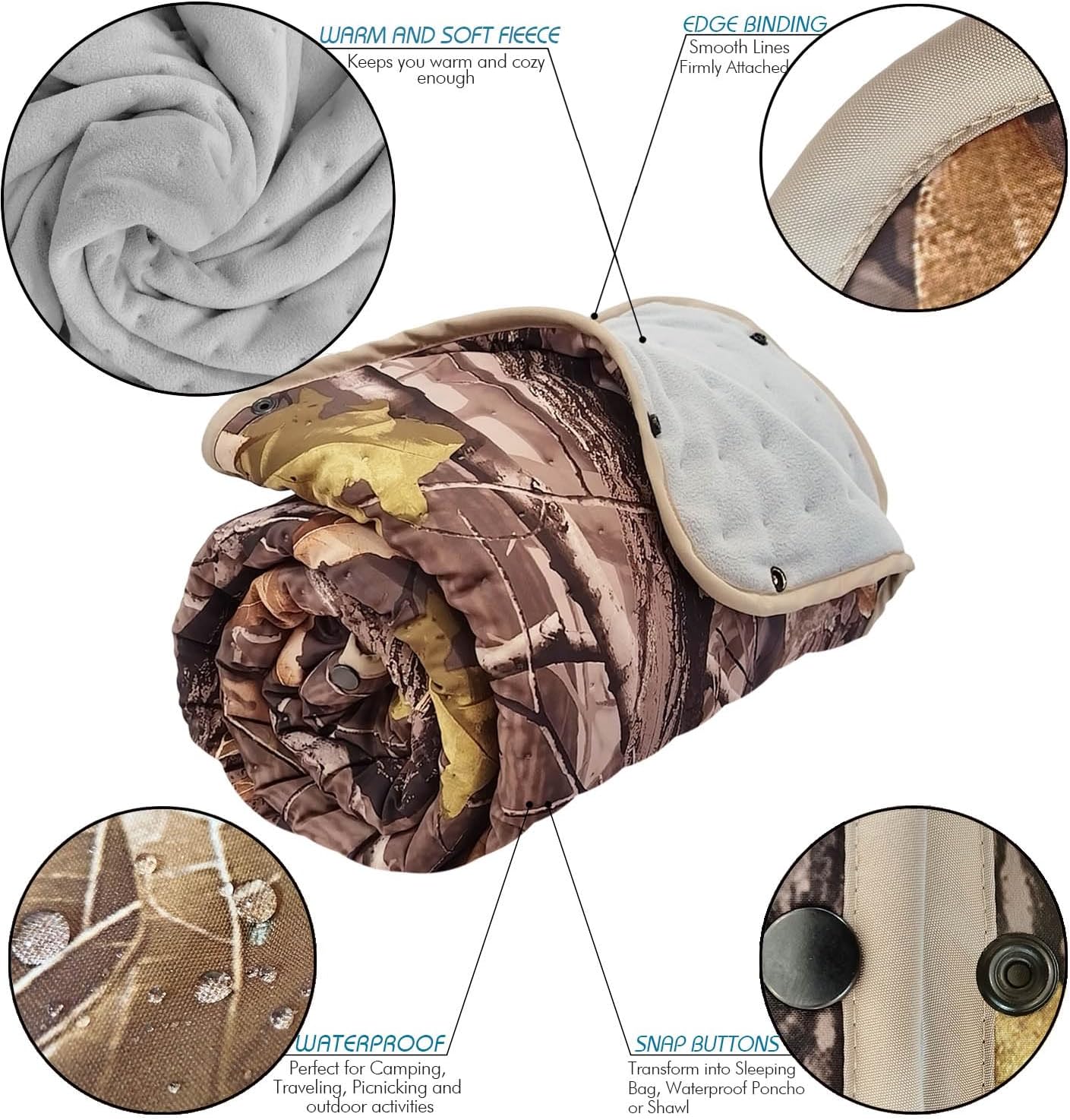 Outdoor Camping Quilt, Warm Thick Blanket with Polar Fleece Packable Down Wearable Camp Blankets with Snap Buttons Soft Puffy Camping Quilt for Cold Weather (Camouflage, 76'' x 56'')