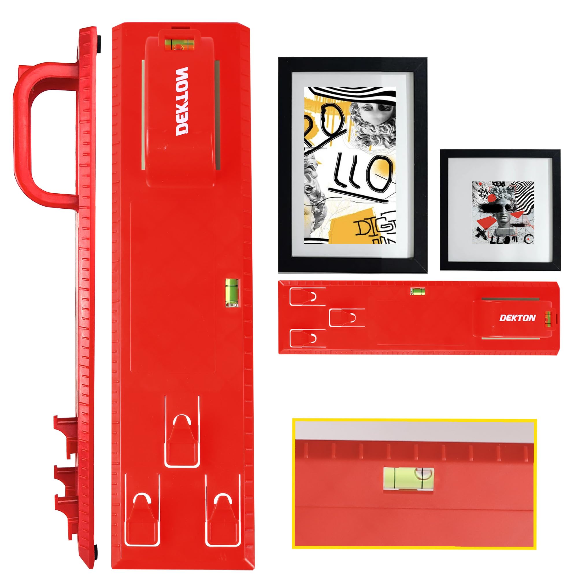 Vivo Technologies Red Straight Picture Hanging Tool Kit | 2 In 1 Horizontal Vertical Spirit Bubble Level | Easy Marking Painting Position | Wall Hangers For Photo Frame Clock Mirror Galleries Artwork Photos Paintings