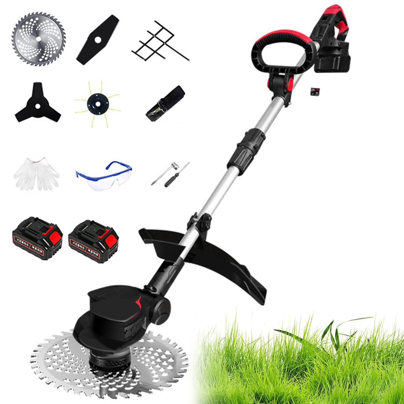 Cortacésped eléctrico inalámbrico y cortacésped, 3 cuchillas, varilla telescópica de 90 a 120 cm, hoja de sierra de 23 cm, 2 baterías, juego de herramientas eléctricas para exteriores