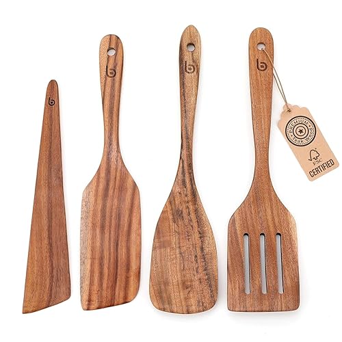 4-Piece Teak Wood Spurtle Utensil Set – Premium Natural Wooden