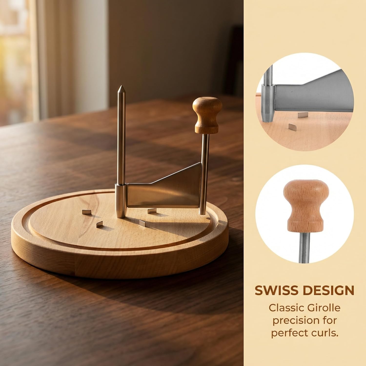 Cheese Curler Wheel - Cheese Cutter Shaver & Made for Tete de Curler to Create Beautiful Cuts And Curls Shaver with Blade, Wood Base, Suitable for Restaurants, Cafes, And Dessert Shops 8. 7 * 5. 3in