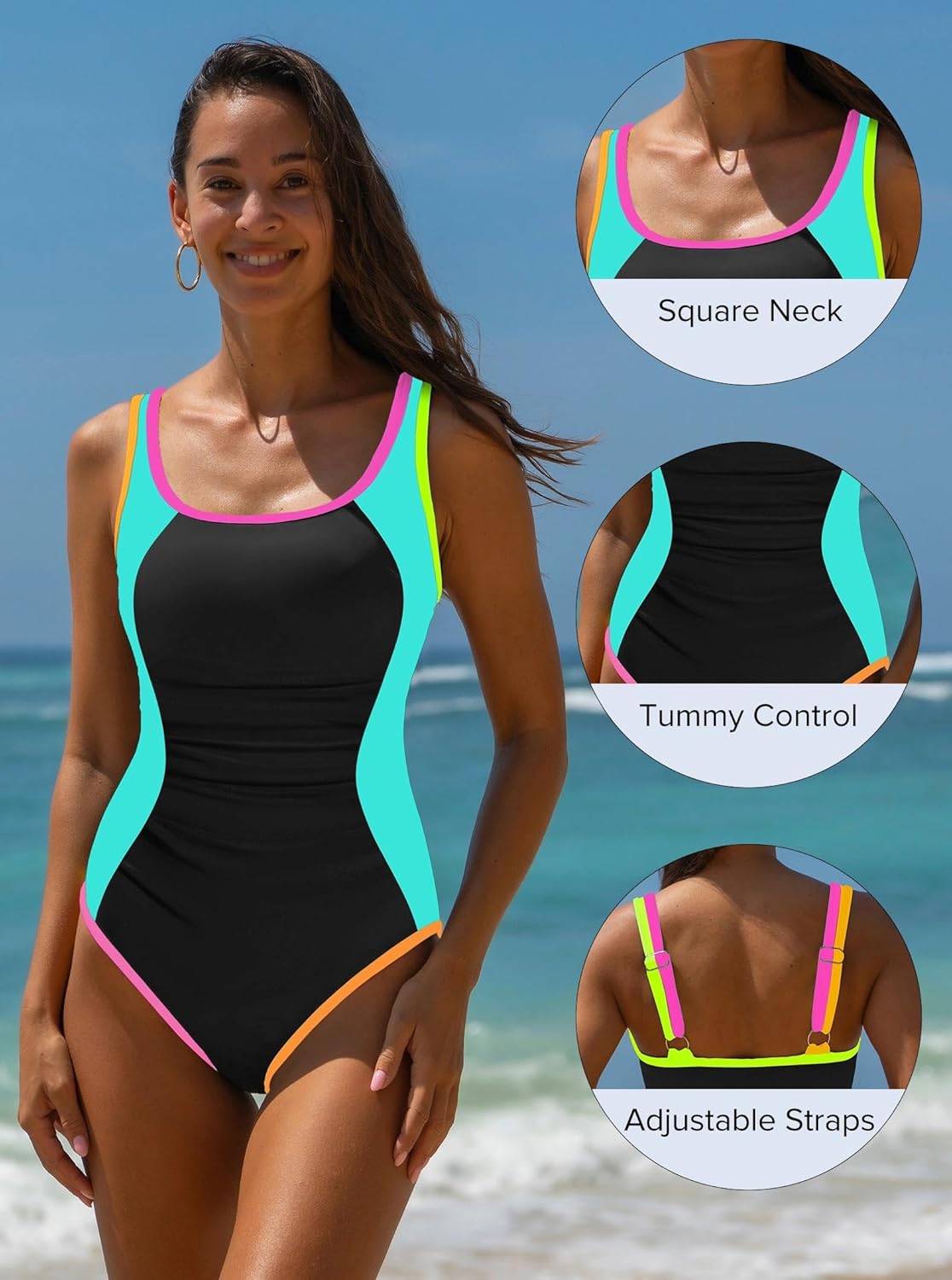 popvil Women's One Piece Swimsuits Tummy Control -Slimming Bathing Suit Neon 1 Piece Beach Outfit Sexy Sport Swim Suits - Image 4