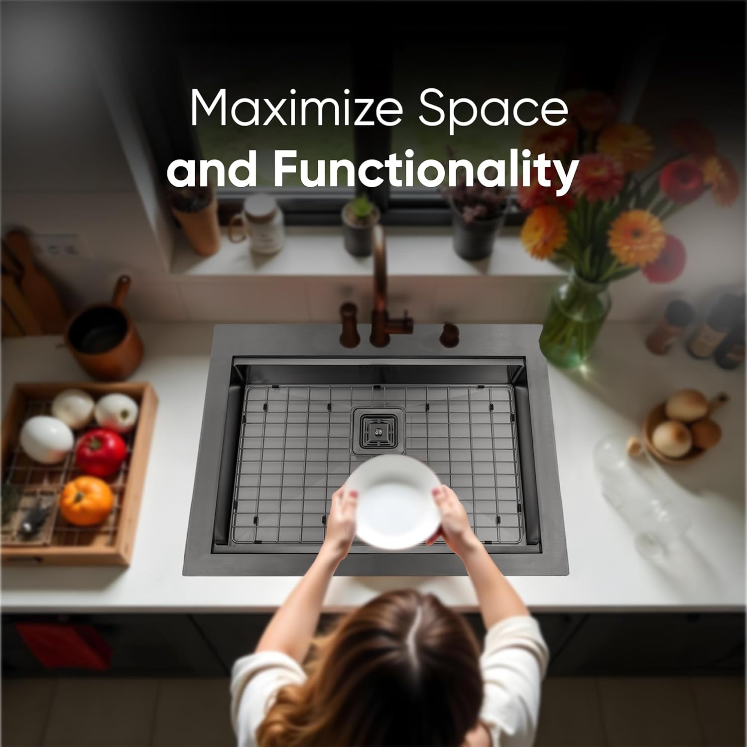 Strictly Sinks 25” Topmount Kitchen Sink Workstation - Black 16 Gauge Stainless Steel Drop In Kitchen Sink with Colander, Dish Drying Rack, Cutting Board, Grid, 1 Disposal Adapter, & 1 Strainer Drain