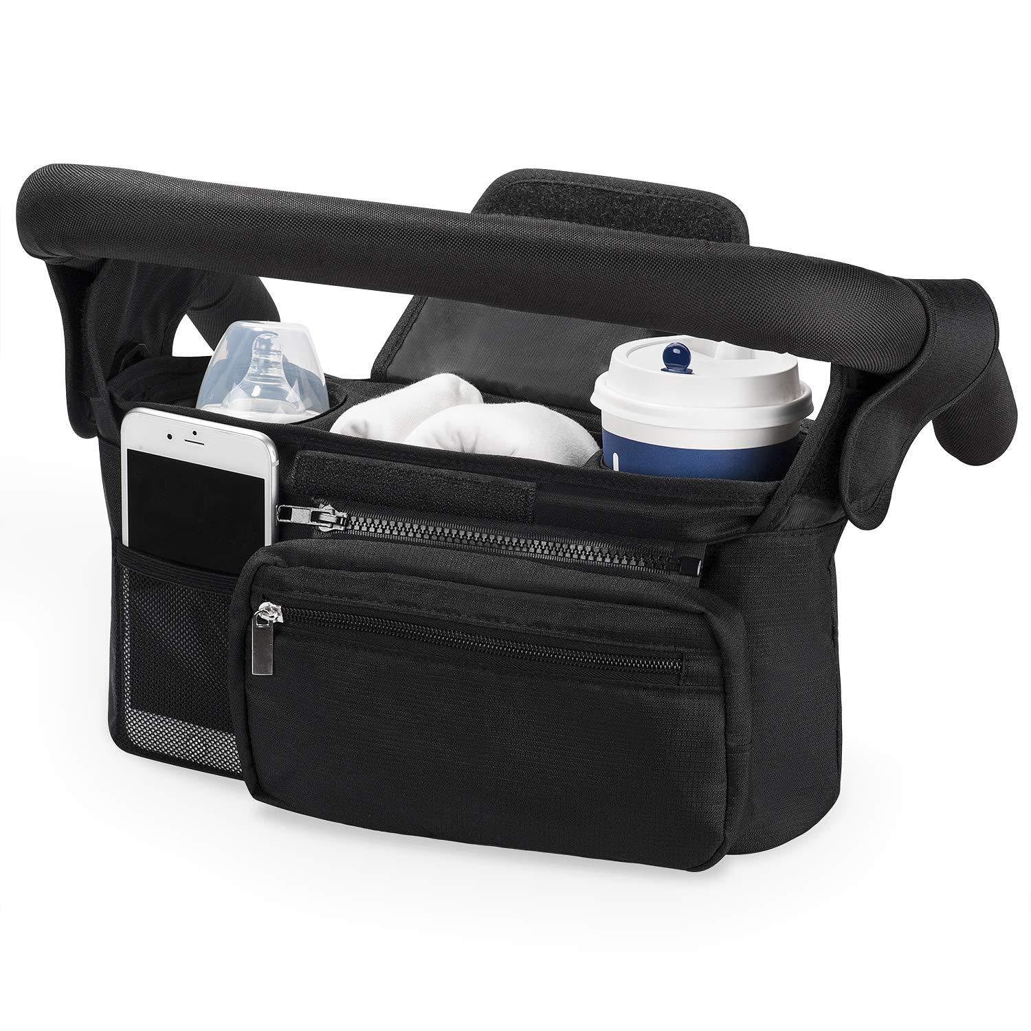 zeryor Baby Stroller Organizer, Universal Pram Bag with 2 Insulated Cup Holders, Detachable Phone Bag & Shoulder Strap, Water-Resistant Pushchair Organiser for Baby Essentials (Balck, 33x16x10cm)