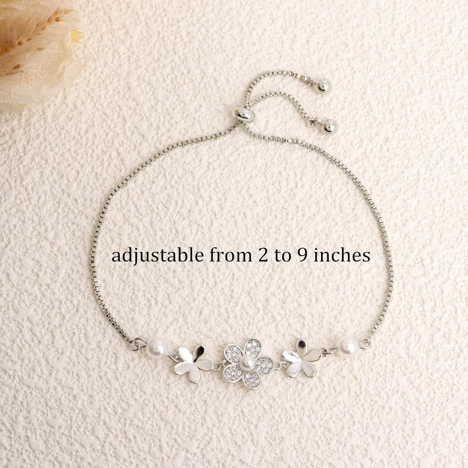 Gold Silver Flower Rhinestone Pearl Bracelet for Women, Adjustable Trendy Handmade Pearl Five-Petaled Flowers CZ Stackable Fashion Box Chain Bracelets Jewelry Accessories Gift - Image 4