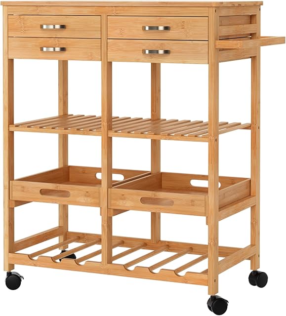 FOREHILL Kitchen Trolley on Wheels Bamboo Kitchen Island Rolling Cart with Workstop and Storage, 4 Drawers, 6 Bottles Wine Rack, 2 Removable Tray 66x36x80.5cm