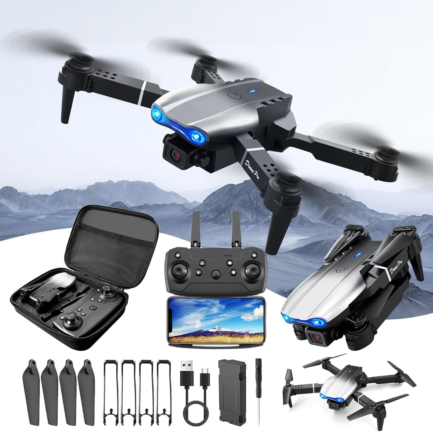 Daul 4K HD FPV Camera Remote Control RC Drone Toys Gifts for Beginners Kids - Altitude Hold Headless Mode Start Speed Adjustment 2.4GHz WiFi Foldable Quadcopter with Carrying Bag for (Silver)
