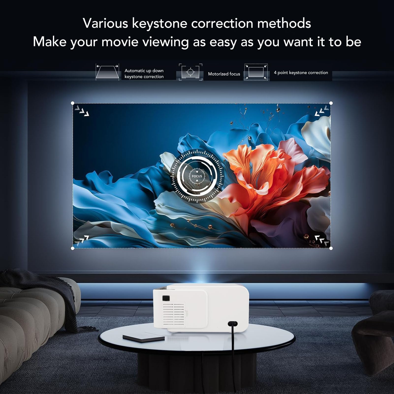 Mini Proiettore, Videoproiettore Portatile 4K HD con Bluetooth 5.4, Correzione Trapezio, Proiettore Home Theater Piccolo Proiettore per Film da Gioco a Soffitto per Esterni