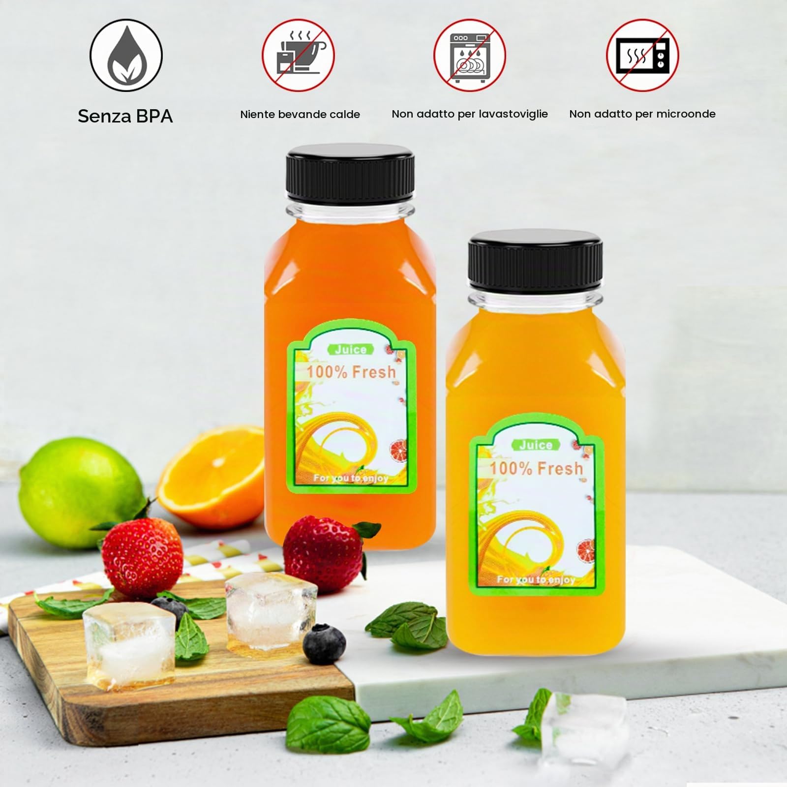 15 Bottiglie Vuote di Succo di Plastica, 250ml Bottiglie Succhi Riutilizzabili con Etichetta e Imbuto, Bottiglia per Bevande, Contenitore Trasparente per Bevande con Coperchio Neri