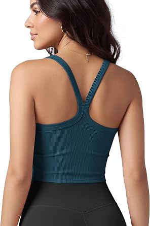 ODODOS Womens Seamless Crop Cami Wide Scoop Neck Ribbed Soft Open Racerback Cropped Tank