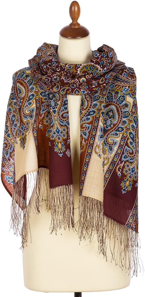 Pavlovo Posad Wool Shawl for Women with Silk Fringe 27.5x79'' (70x200 cm) 100% Wool Scarf for Women, Wrap, Fashion Scarves