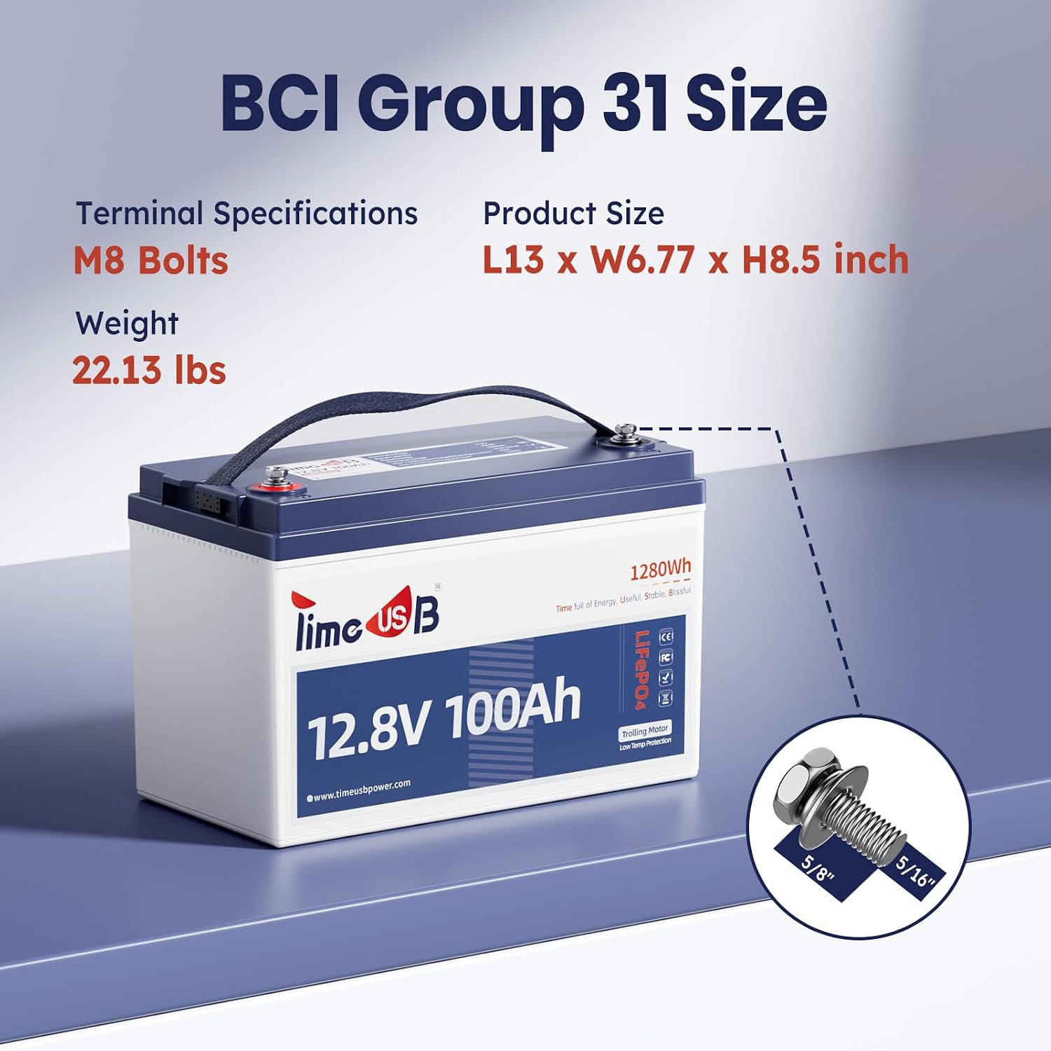 Timeusb 12V 100Ah Trolling Motors LiFePO4 Lithium Battery Group 31 with Low-Temp Protection, 15000 Deep Cycle Batteries with 100A BMS, 1280Wh Energy, Perfect for Boat, Marine, RV, Solar.