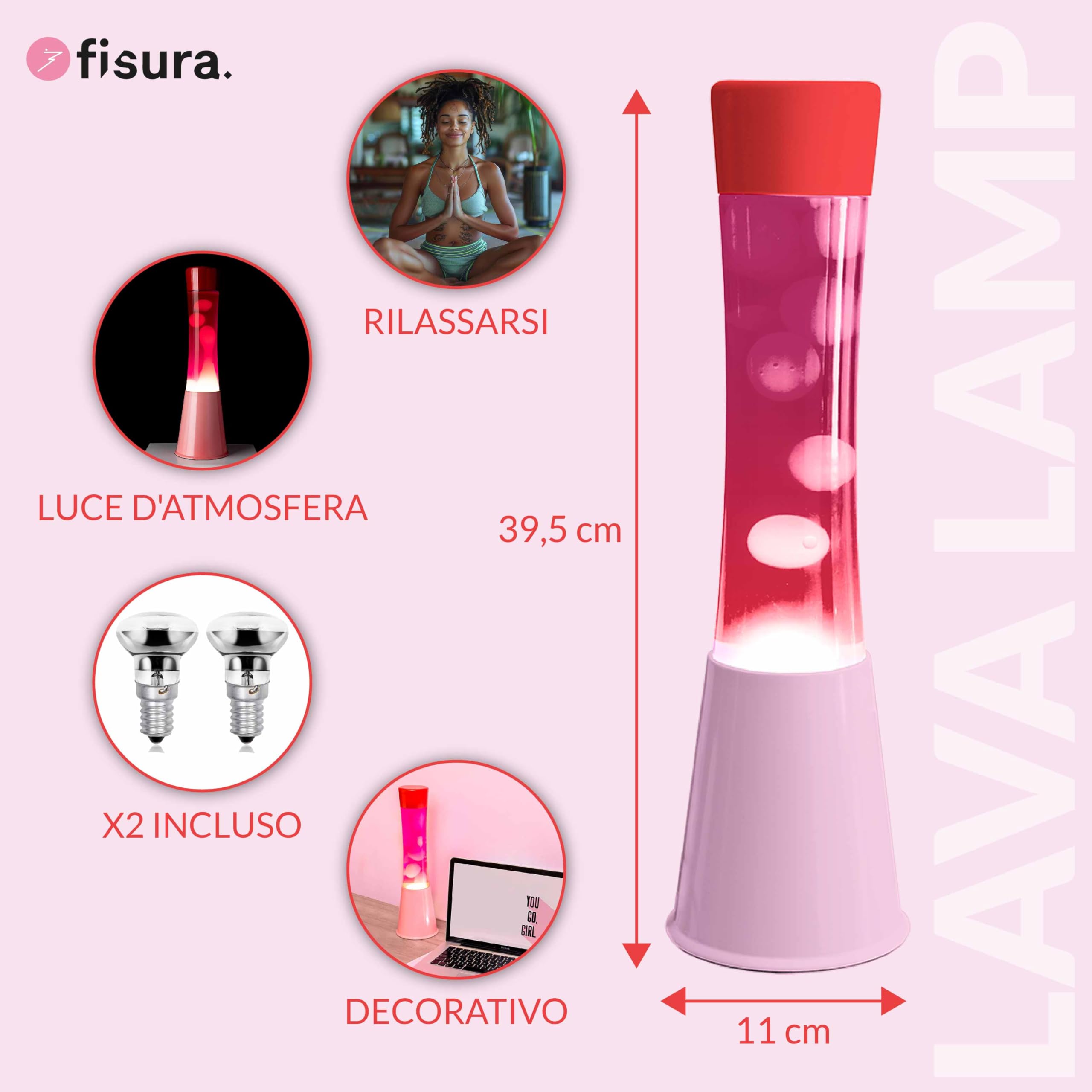 Fisura – Lampada decorativa retrò con base rosa, liquido colorato e cera trasparente. Effetto rilassante. Inclusa lampadina di ricambio. 11 x 11 x 39,5 cm.