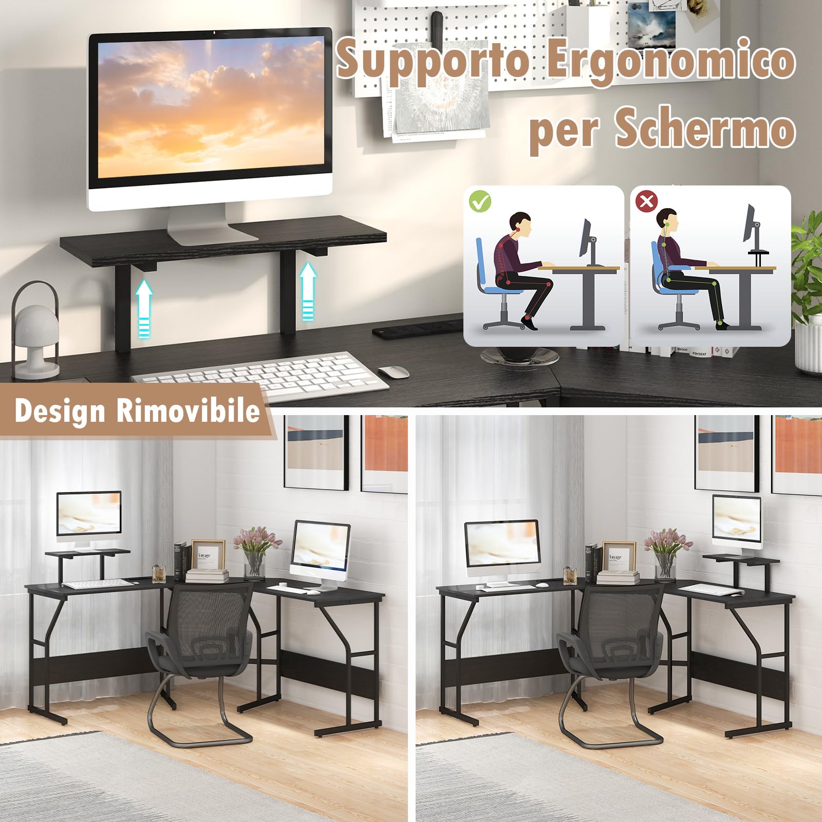 COSTWAY Scrivania ad Angolo a Forma di L con Presa Elettrica, Scrivania Angolare per Computer con Supporto Monitor Movibile, 225cm Postazione da Lavoro per 2 Persone per Lavoro e Gioco (Nero)