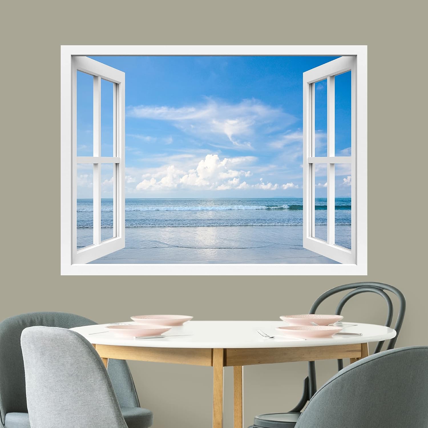 wall26 Removable Wall Sticker/Wall Mural Window View Bright Blue Cloud Sky Ocean Sea Horizon Wilderness Nature Photography Realism Rustic Landscape Colorful for Living Room, Bedroom, Office - 36"x48"