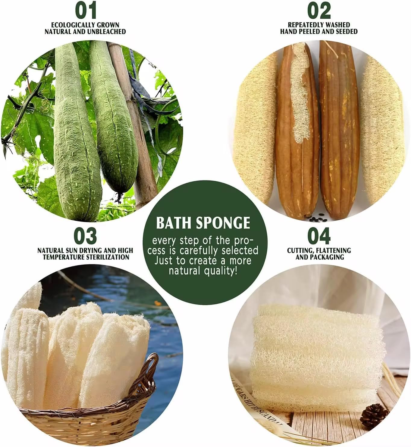 100% Natural Egyptian Loofah Set – 3 Large Exfoliating Loofah Sponges + Free Egyptian Face Scrubber + Cotton Storage Bag | Eco-Friendly Body Scrubber | Dead Skin Remover | Bath Sponge for Women & Men