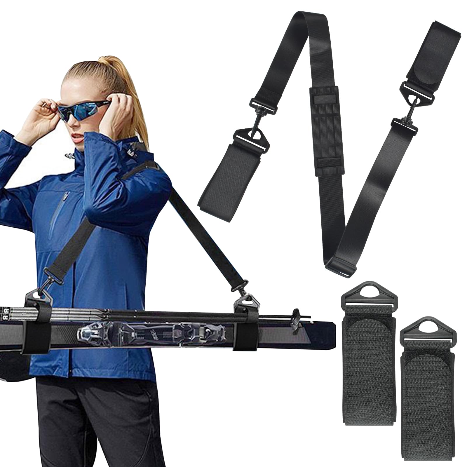 Ski Strap, Adjustable Ski Carrier and Pole Straps, Adjustable Shoulder Ski Carrier Straps, with Padded Support, for Adults Boys Skiing Snowboarding, Winter Outdoor Activities