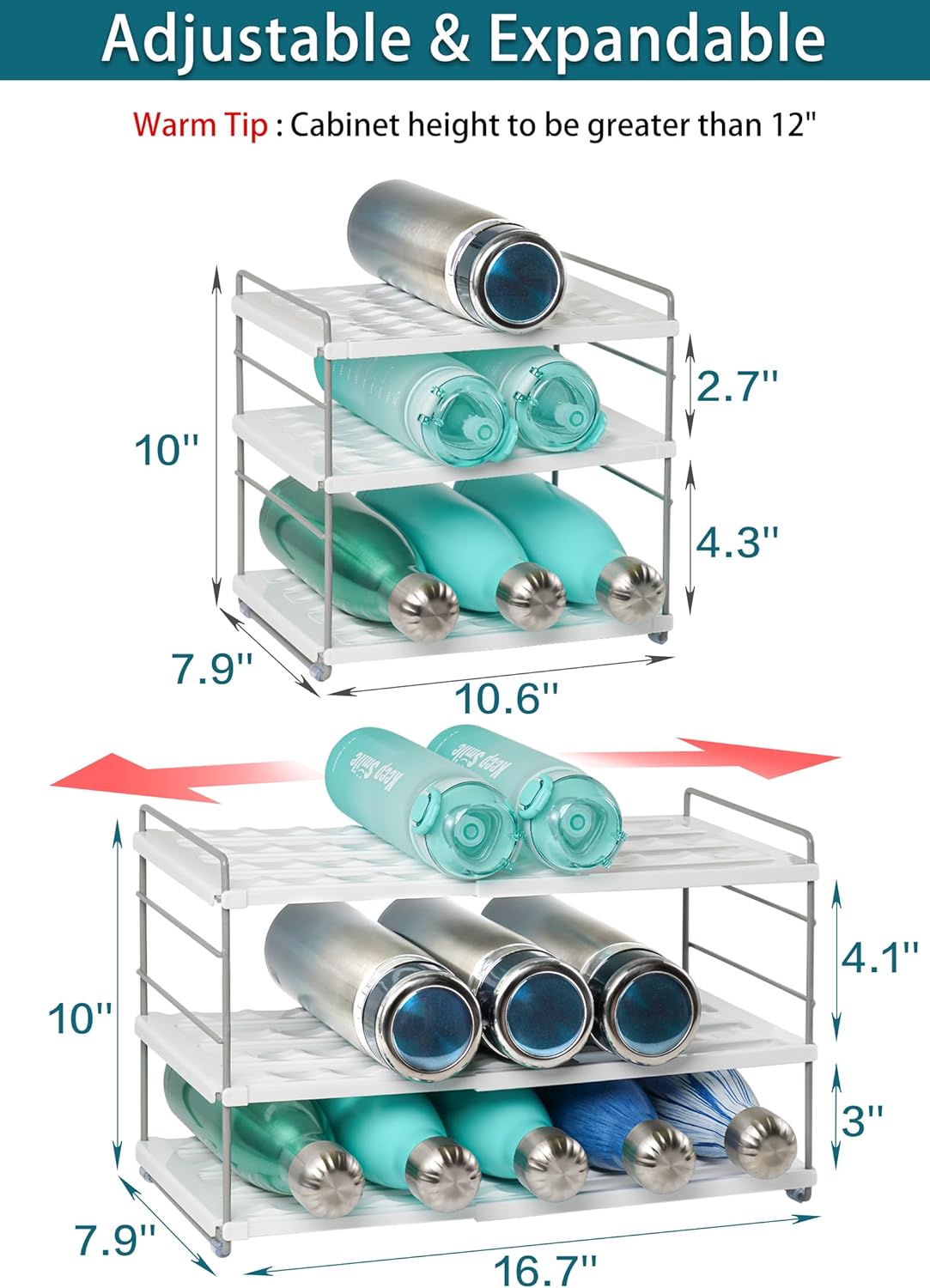 Water Bottle Organizer For Cabinet, Expandable Water Bottle Holder Rack, Adjustable Tumbler Storage For Kitchen Organization, 3 Tier Cup Organizer For Sports Flask Insulated Travel Mug Fridge, White - Image 2