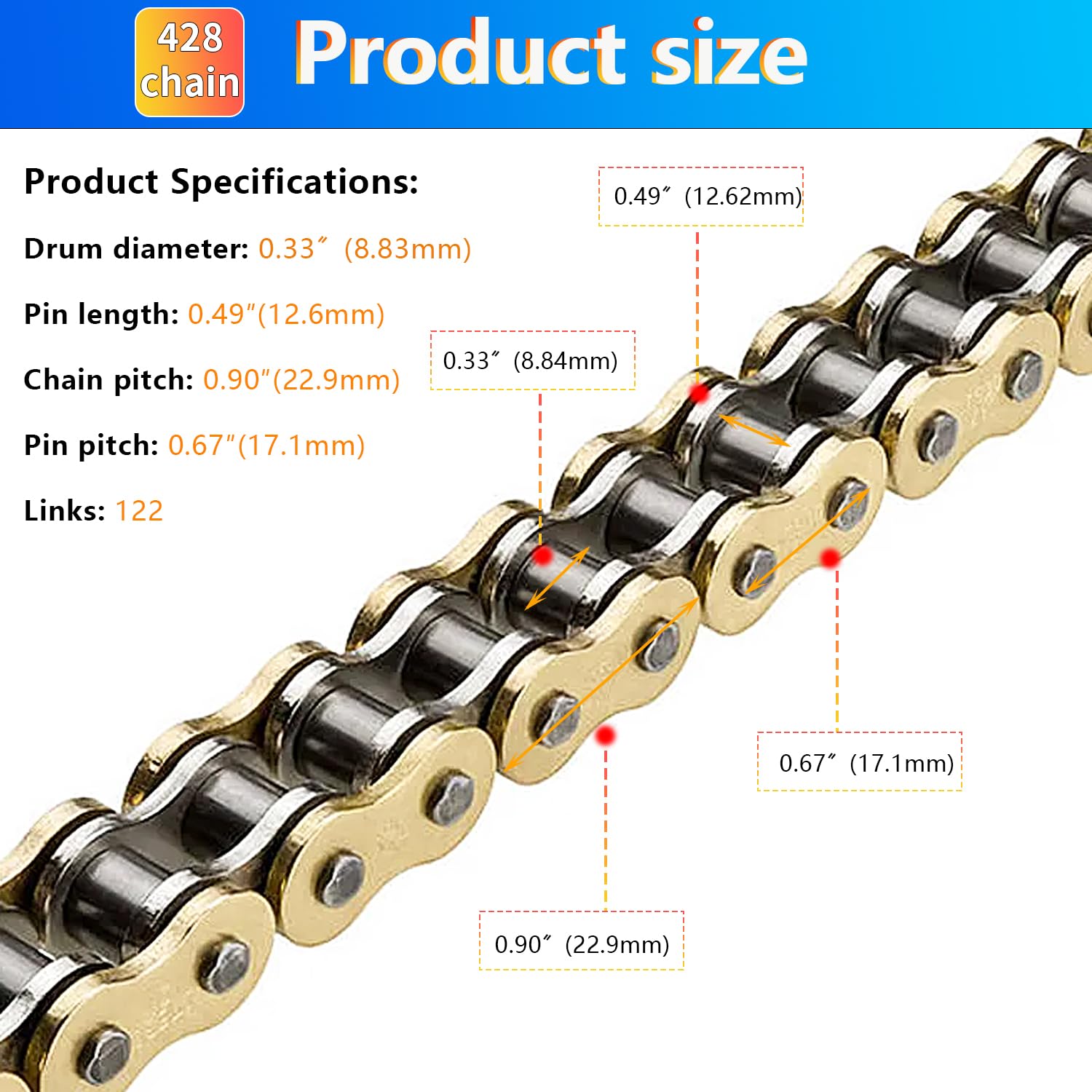 428H Chain 122 Links & Chain Breaker with 6pcs Connecting Master Link Fit for 110cc 125cc 150cc 200cc 250cc Dirt Bike ATV Pit Bike Scooter