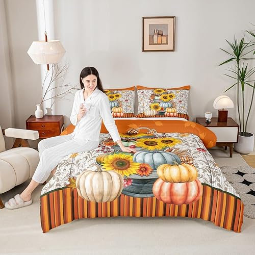Juego de edredón de calabazas de otoño, tamaño Queen, girasoles y hojas de arce, juego de ropa de cama para el día de Acción de Gracias, decoración