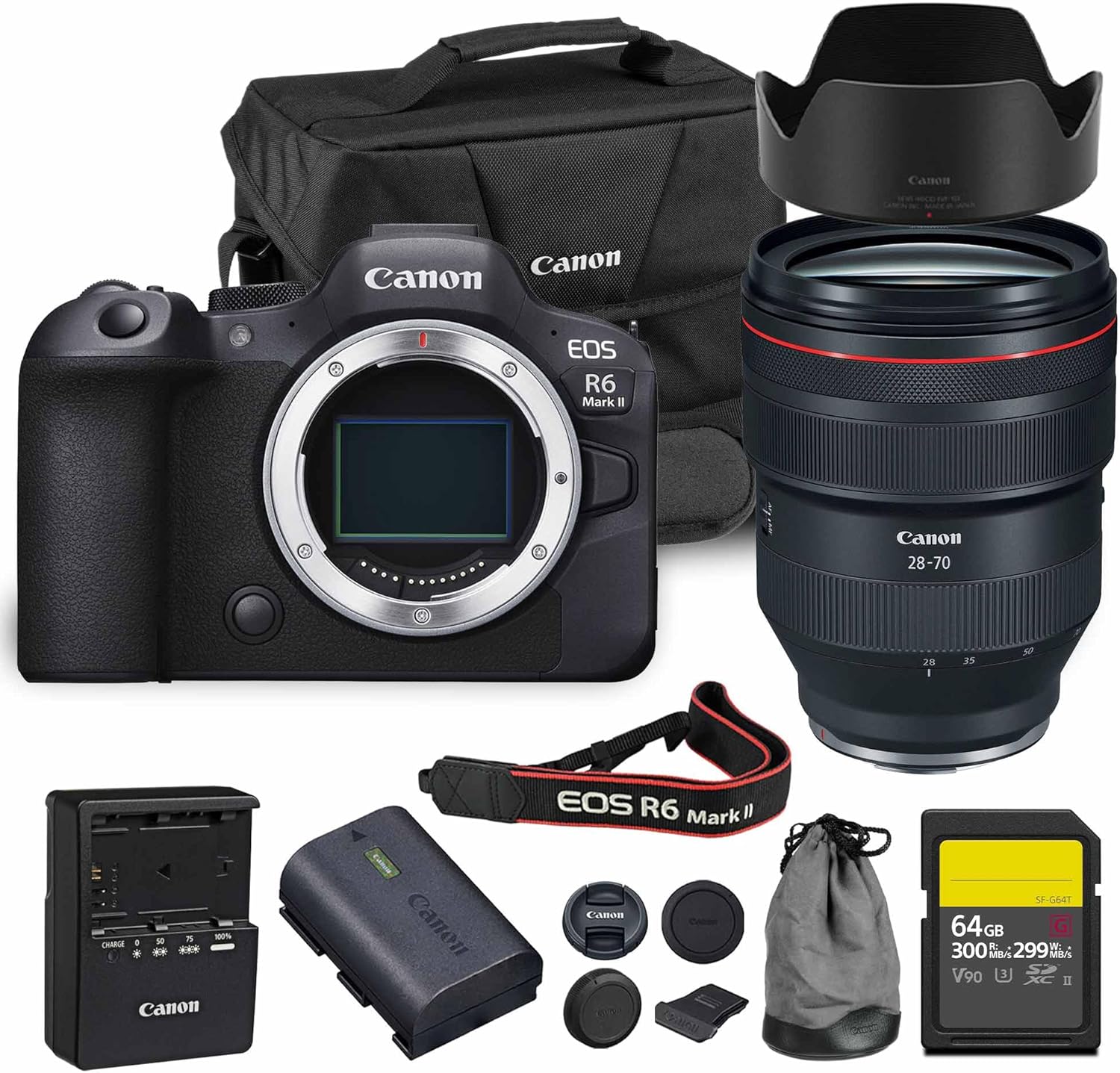 Canon EOS R6 Mark II Mirrorless Camera | 24.2MP Full Frame Sensor 4K 60p Video | Dual Pixel AF in-Body Stabilization for Professionals (5666C002) + Canon RF 28-70mm Lens + 64GB Card + Bag