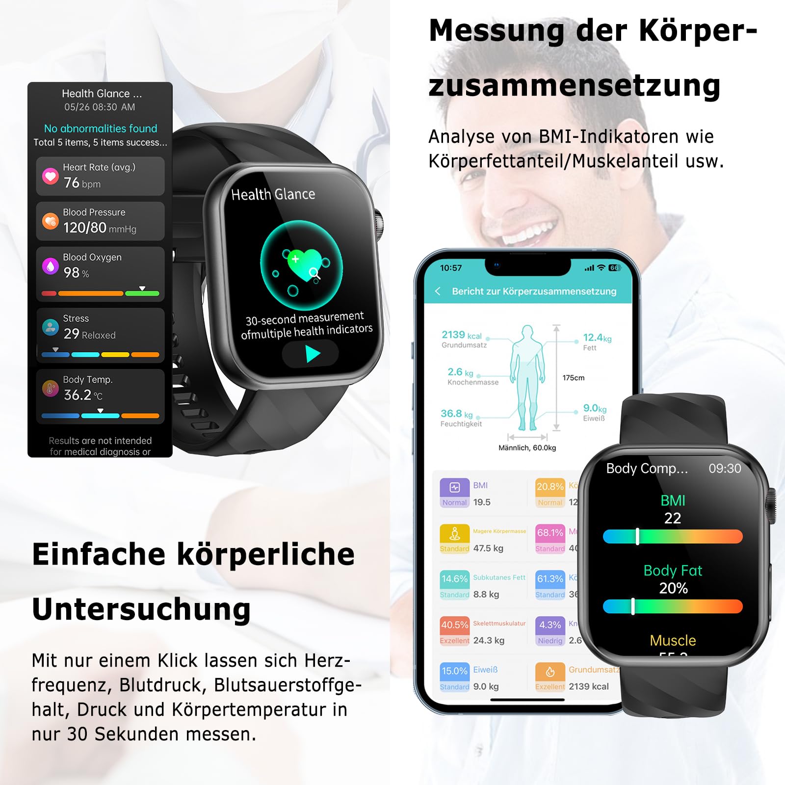 2026 Neu Smartwatch EKG+HRV/Blutdruckmessung/Harnsäure/BMI Herren Damen 1,97"AMOLED Gesundheitsuhr mit Telefonfunktion 24H Herzfrequenz Blutdruck Körpertemperatur SpO2, Schlaf-Monitor Fitnessuhr