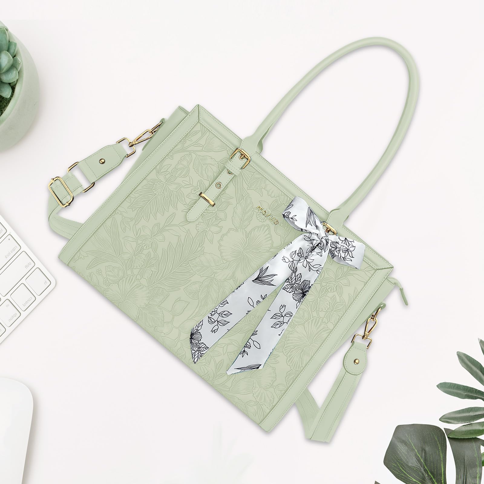 MOSISO 17,3 Pulgadas PU Maletin Portatil de Mujer, Compatible con MacBook | /HP,Dell,Asus Notebook,Frente Relieve Retro Hibiscus Oficina Ordenador Bolsa con Seda Pañuelo&Monedero,Verde Salvia
