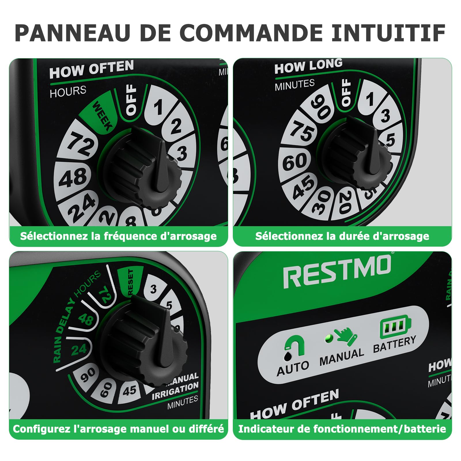 RESTMO Minuteur d'eau analogique à 3 cadrans, contrôle mécanique d'arrosage automatique avec retard manuel et de pluie, système d'irrigation pour arroseur et tuyau de jardin