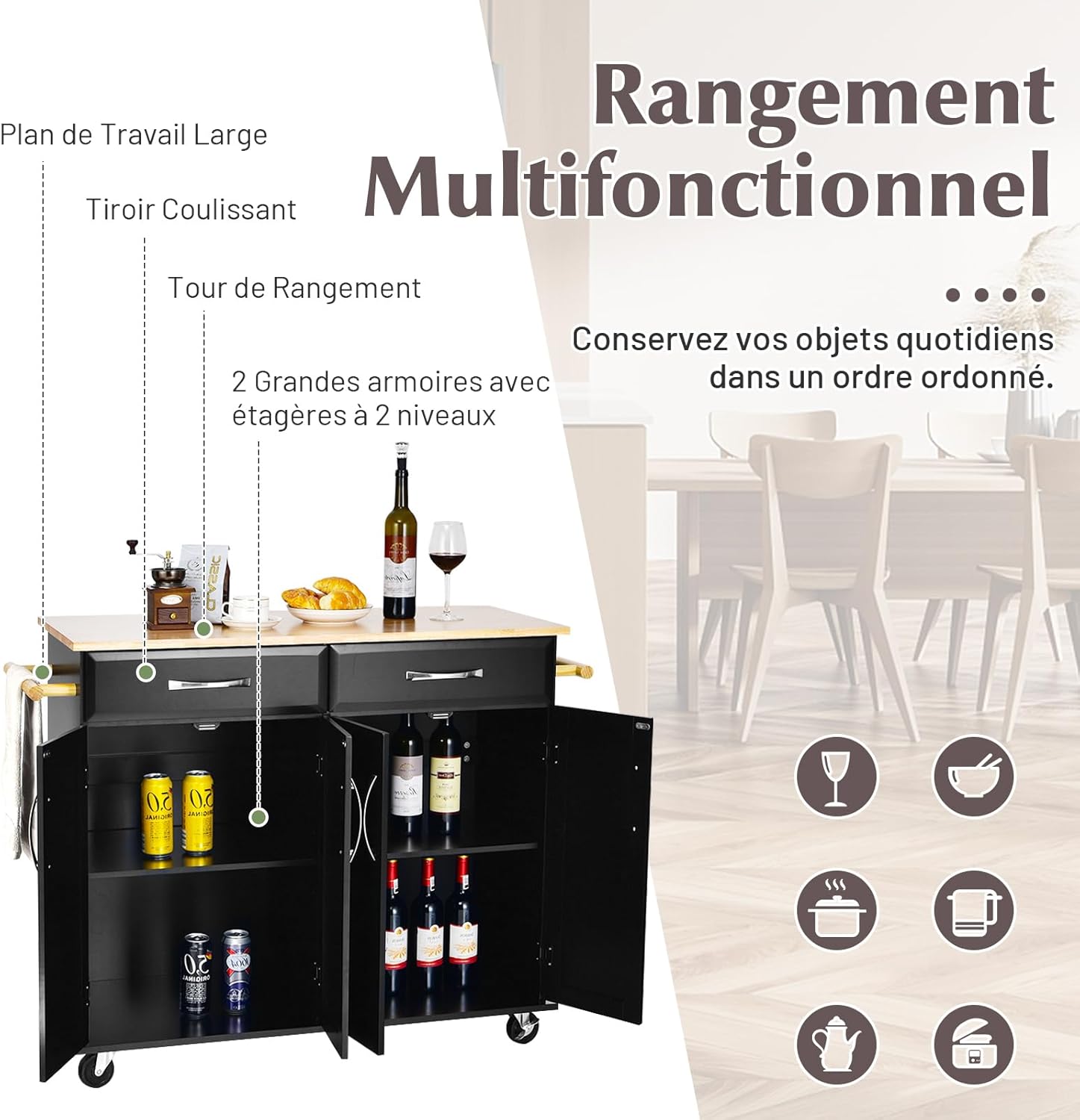 COSTWAY Rolling Kitchen Cart showing adjustable shelves