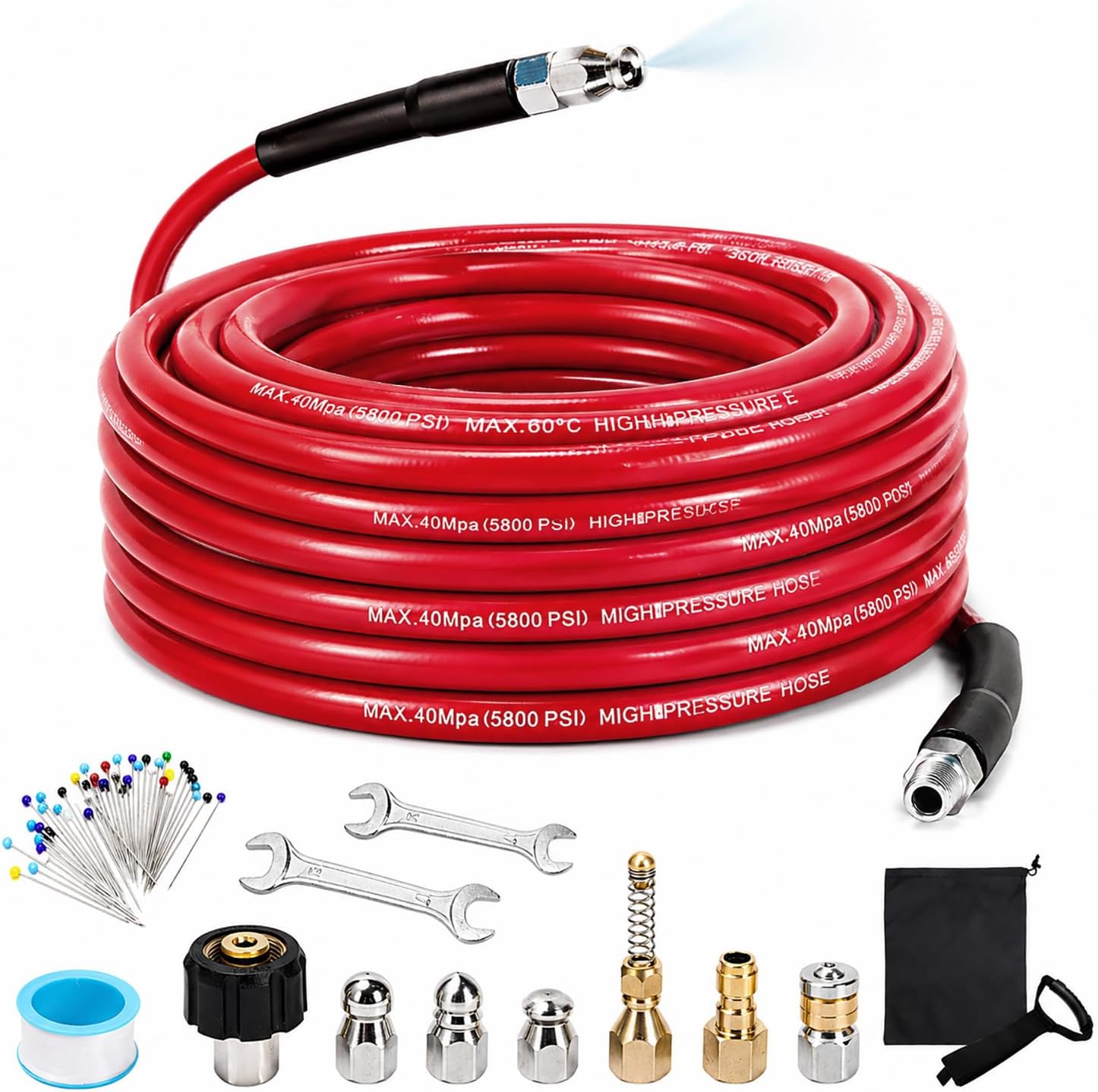 Sewer Jetter Kit for Pressure Washer, 50FT 5800 PSI Drain Cleaner Hose with 1/4" NPT Corner, Rotating and Button Hose Sewer Jetting Nozzle, Waterproof Tape, Pearl Corsage Pin, Spanner, Glove
