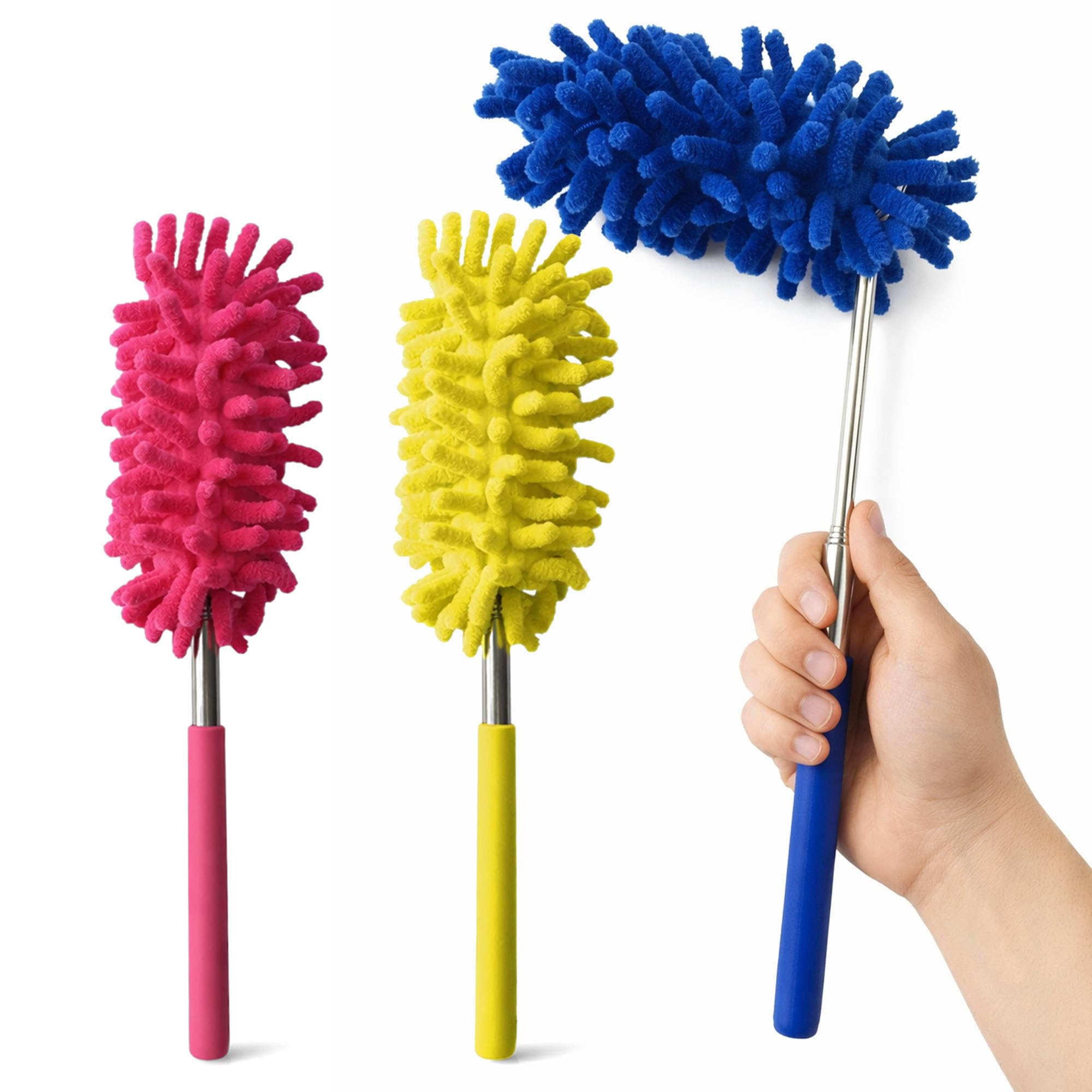 Sol Pink 3Pk Microfibre Feather Duster For Cleaning, Extendable Telescopic Long Handle, Cobweb And Damp Brush Ceiling Fan Blind Furniture Cleaner On A Stick Tool, Reach High Areas For Easy Dusting Control