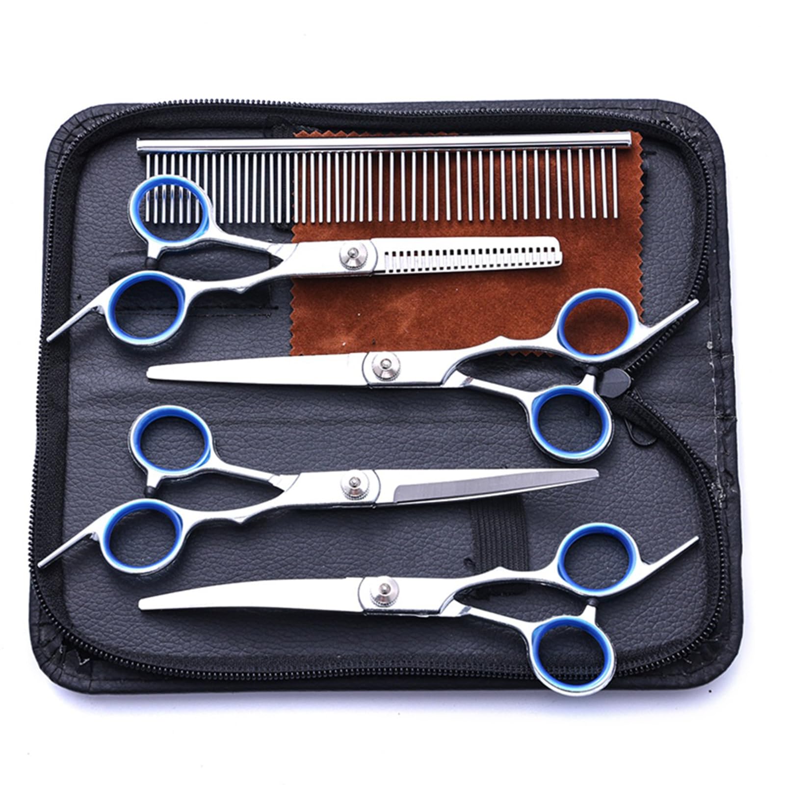 Jimkply Haustierfriseur-Set, Enthält 1 Kamm, 1 Tuch, 1 Ausdünnschere, 1 Gerade Schere, 2 Gebogene Scheren, Haustierhaarpflege, für langes Haar, kurzes Haar, Hunde, Katzen, Kaninchen