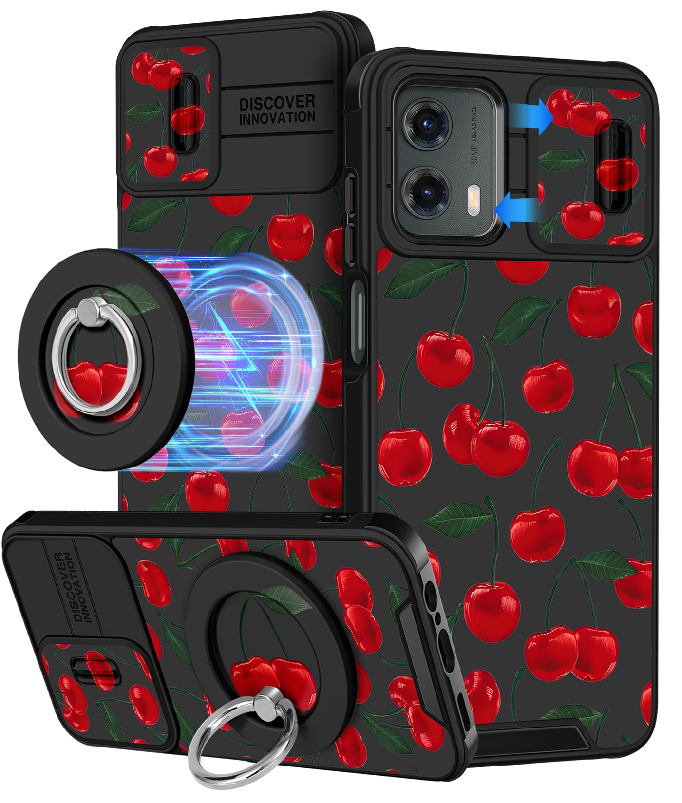 Buleens for Moto G 5G 2024 Case 6.6 Inch - with Ring Stand & Camera Cover Aesthetic Cute Designed for Women Girls Girly Pretty Kawaii Cherry Phone