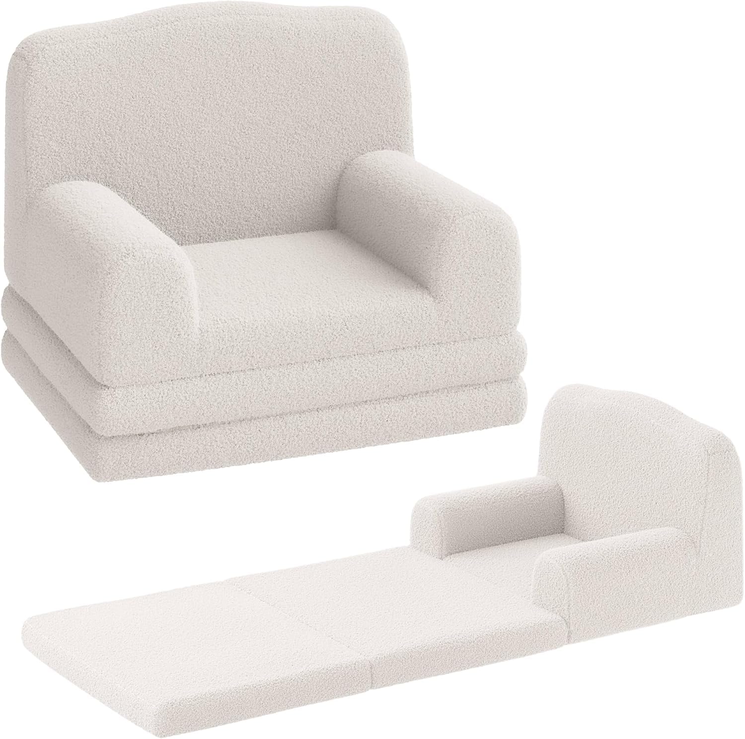 Garvee Kindersofa Ausklappbar 2-in-1 Kindersessel, Soft Sherpa Spielsofa für Kleinkinder, Weißes Wellendesign, Bequemes Sofa zum Schlafen und Spielen, Kinderzimmer Möbel, rutschfest