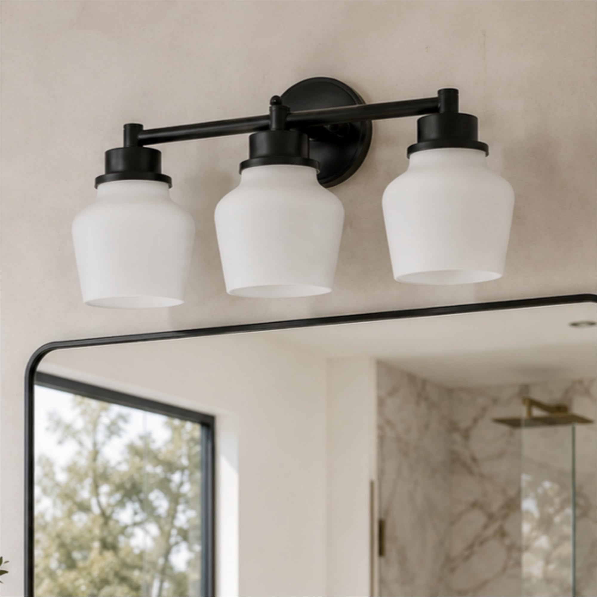 Emak Modern Black Bathroom Lighting Fixtures Over Mirror, Farmhouse 3-Light Vanity Lights with Milk Glass Shade for Bathroom, Mirror, VL122-BK-ML-3