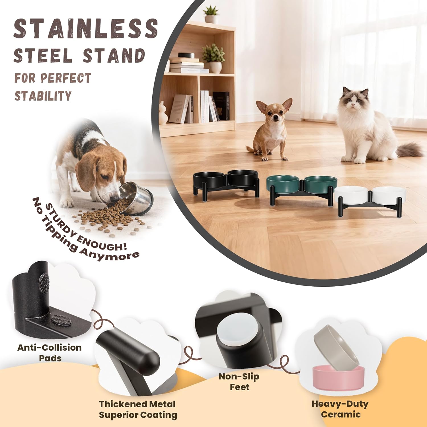 Raised Ceramic Dog Bowl Set - Elevated Double Dishes with Stainless Steel Stand - Food and Water Bowls for Small Dogs and Indoor Cats - Each Holds 1.6 Cups (10.8 fl oz) - White