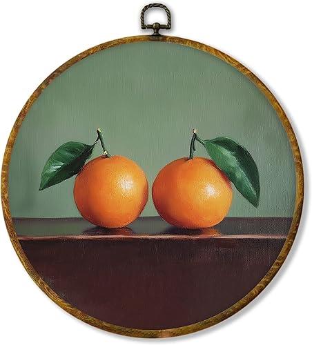 Hiuwevt Decoración de pared redonda vintage de dos naranjas, pintura retro de frutas cítricas, impresiones en lienzo para colgar, arte enmarcado,