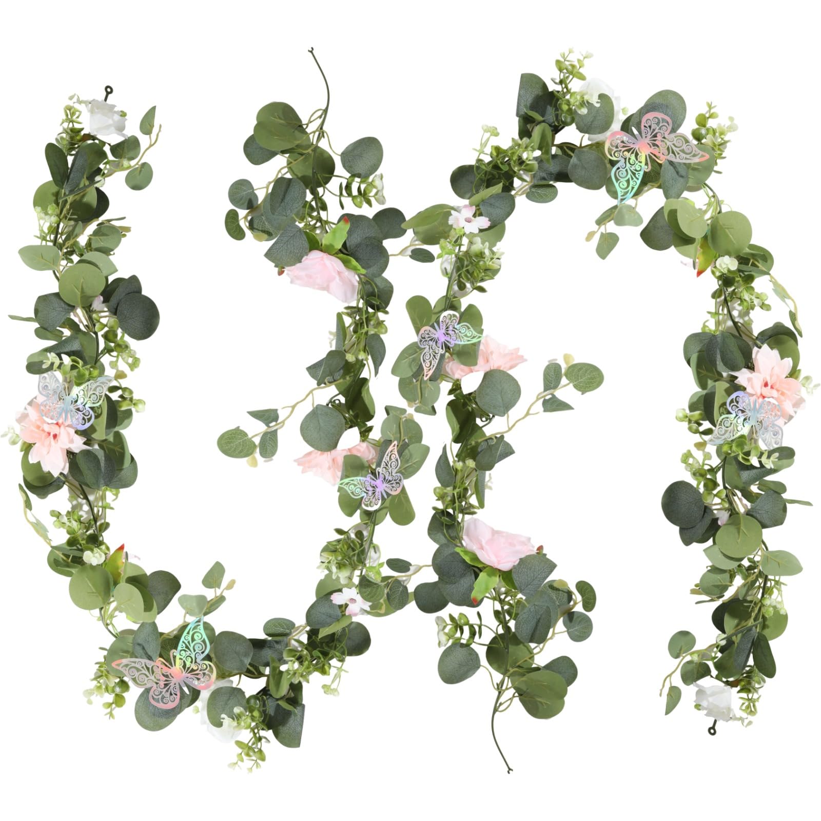 2 STK. Rosa Kunstblumen-Girlande, 1,8 m Rosenranken aus Seidenstoff mit Schmetterlingen, Elegante Deko für Hochzeit, Zuhause, Party und DIY Blumenarrangement