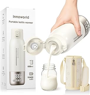 Tragbarer Flaschenwärmer Baby Unterwegs, 600ml Babyflaschenwärmer für Muttermilch & Pre-Nahrung mit Schnellaufheizung, 10400mAh Akku und USB C-Laden, Ideal für Auto, Reisen & Flugzeug