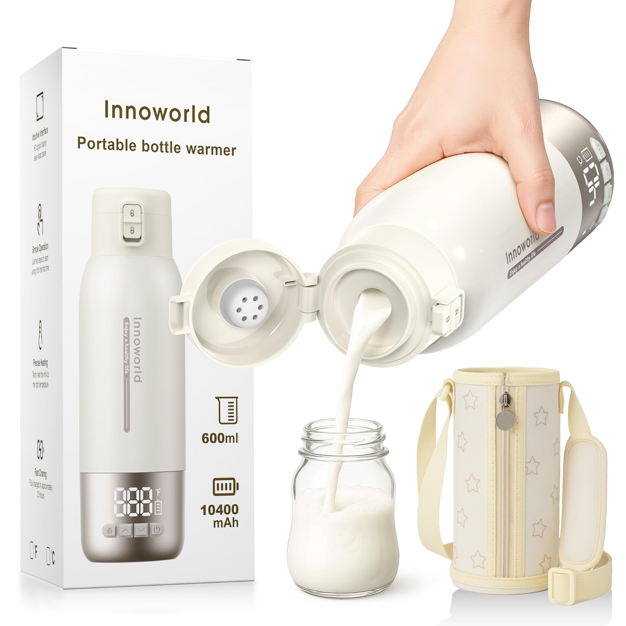 Tragbarer Flaschenwärmer Baby Unterwegs, 600ml Babyflaschenwärmer für Muttermilch & Pre-Nahrung mit Schnellaufheizung, 10400mAh Akku und USB C-Laden, Ideal für Auto, Reisen & Flugzeug - 2