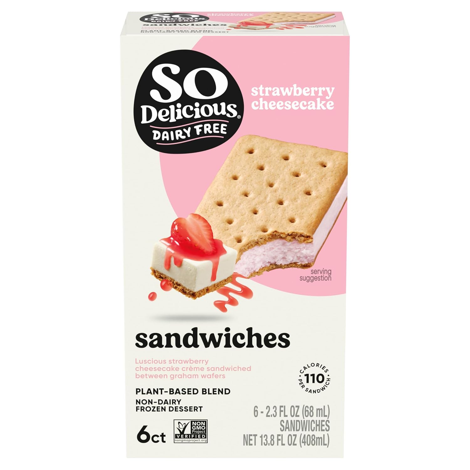 So Delicious Strawberry Cheesecake Plant-Based Frozen Dessert Sandwiches, Vegan Dairy-Free Ice Cream Alternative, Non-GMO Kosher 6 Count
