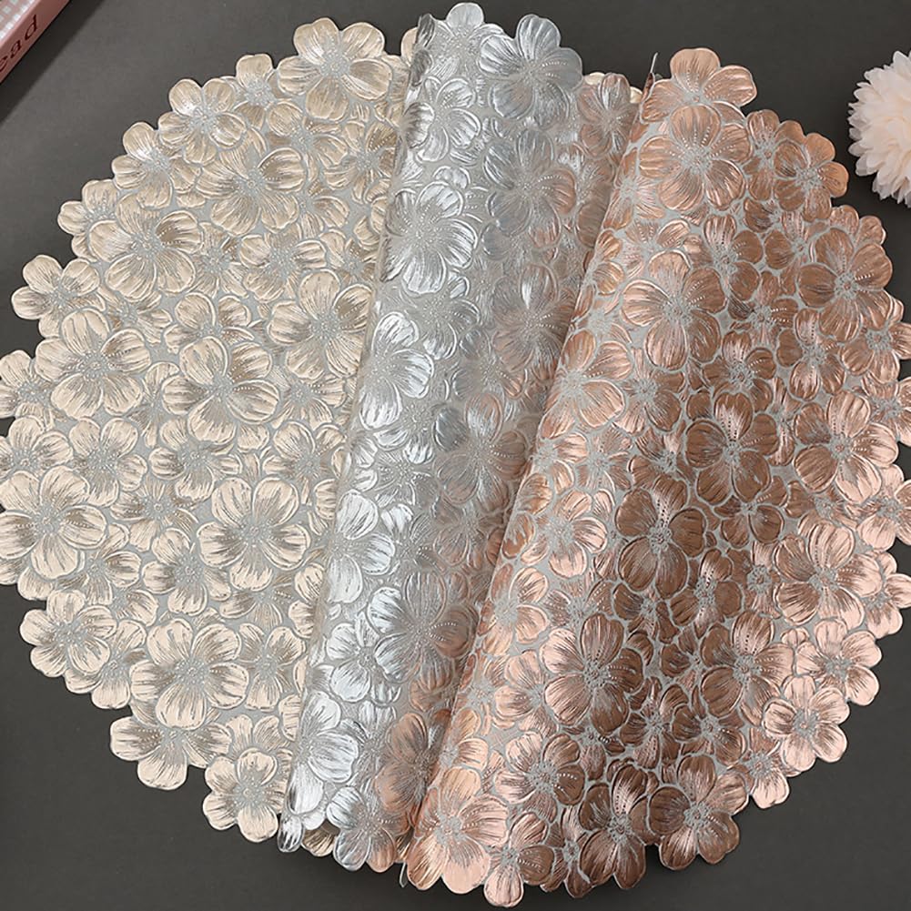 Mignon De Conception De Fleurs PVC Placemat pour Table À Manger - 38 Cm (14,9 Pouces) Mat De Lieu Créatif Rond, Tapis De Table Floral Décor, Décor Artistique Décor De Café Tapis,Argent,16pcs