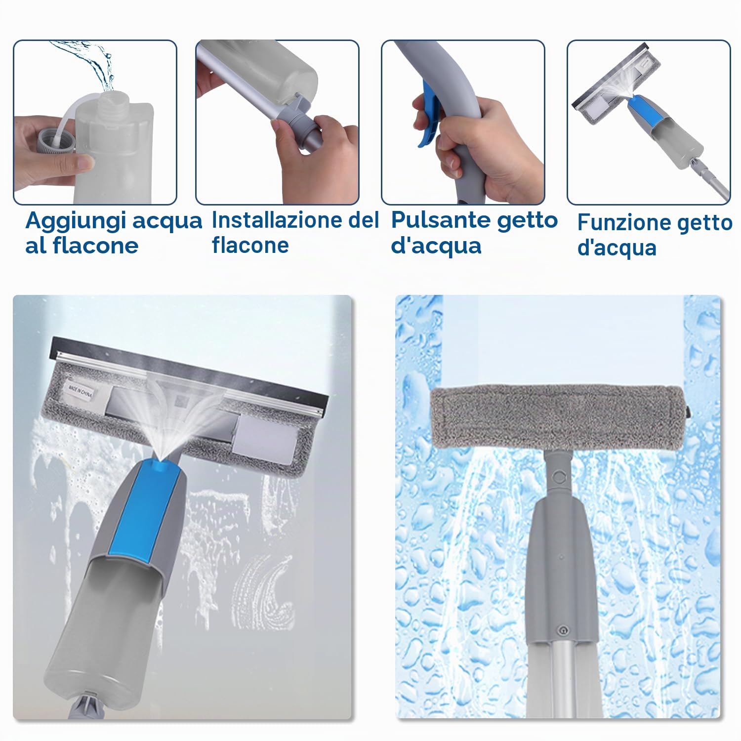 Spazzola Lavavetri con Spray, Kit di Pulizia 3 in 1 con Asta di Prolunga, Lavavetri Professionale da 190 cm con 3 Panni in Microfibra, Strumenti per la Pulizia dei Vetri per Interni ed Esterni