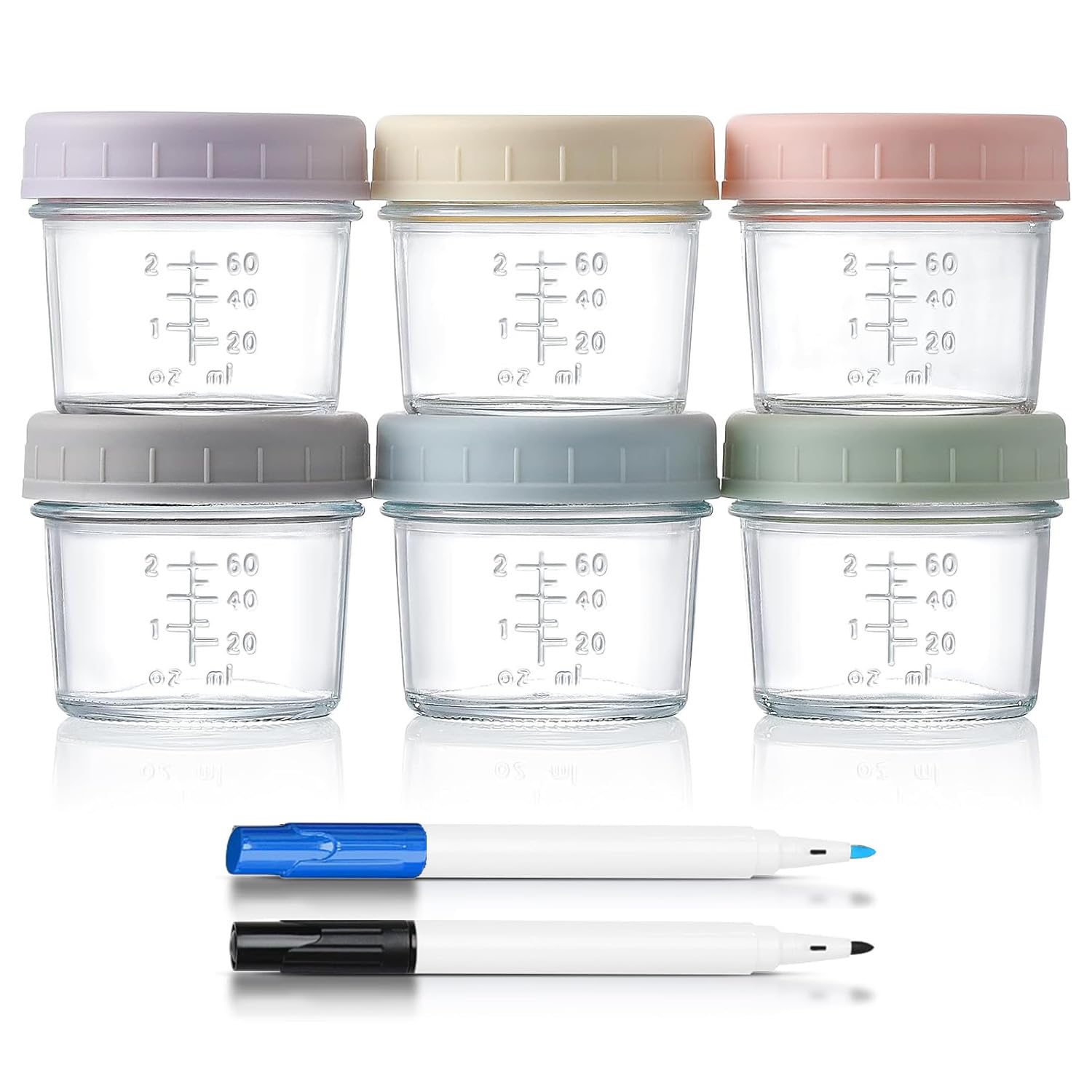 STORE 2508 Pack of 6 Glass Baby Food Storage Containers with 2 Markers- 60ml Baby Food Storage Jars with Lids, Baby Food Maker, Microwave, Dishwasher & Freezer Safe, Assorted